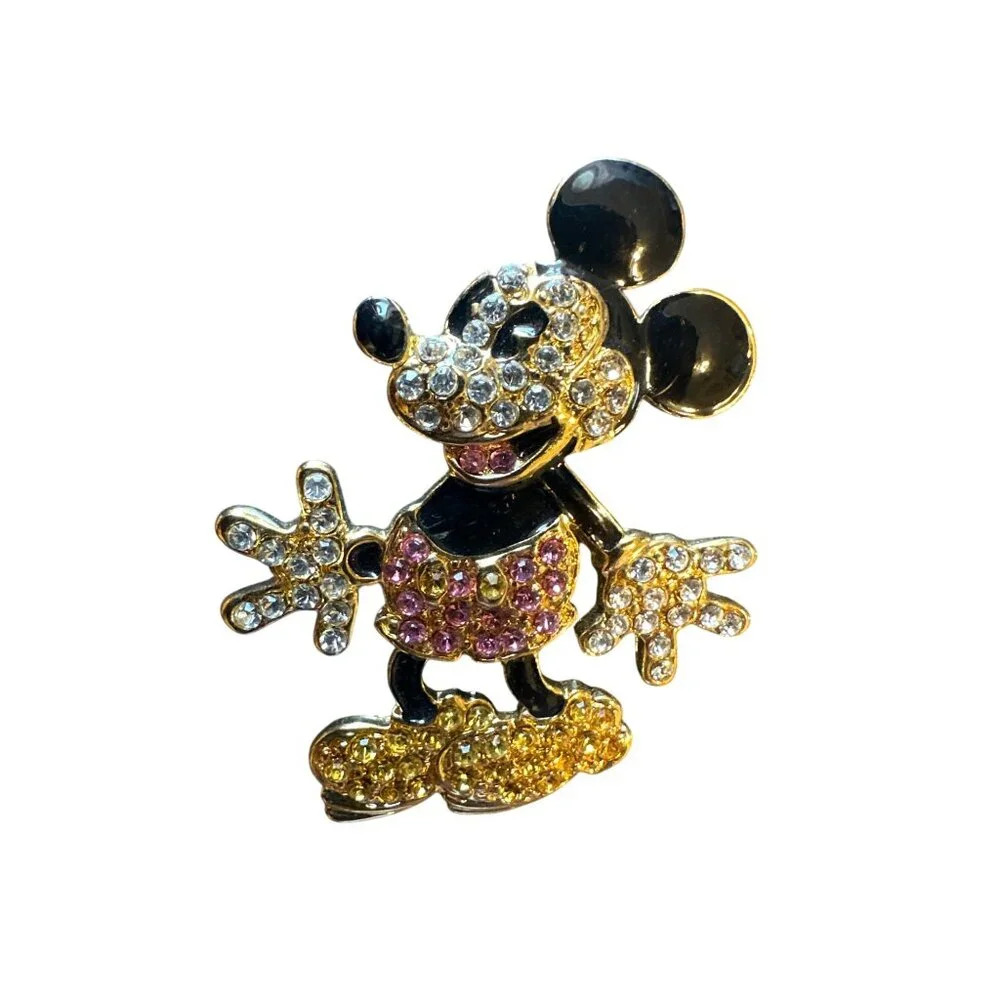 Disney Mickey Mouse Gold-Plated Rhinestone Brooch Pin With Multicolor Crystals - Picture 1 of 3